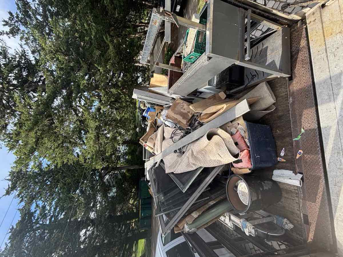 Mixed pile of rugs, shelving, and boxes staged for curbside junk removal pickup